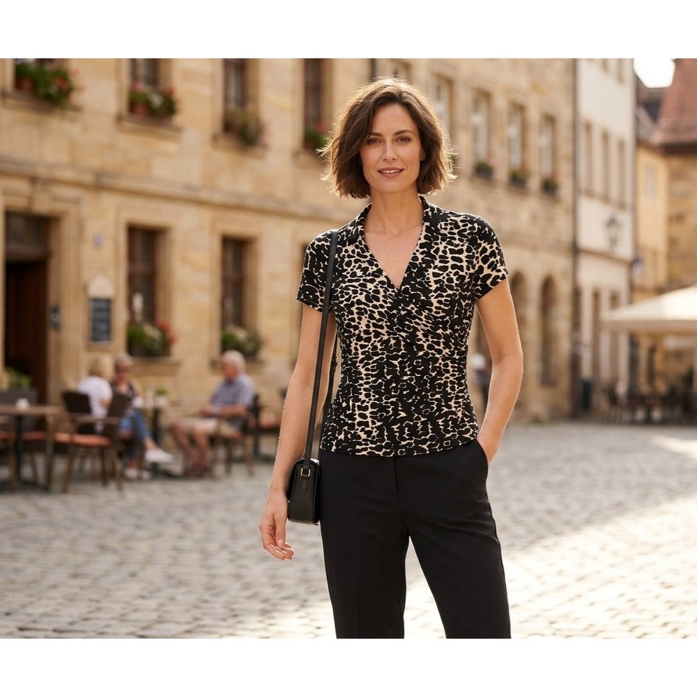 DKNY Leopard Print Faux Wrap Top Black Tan Animal Short Sleeve Blouse Large